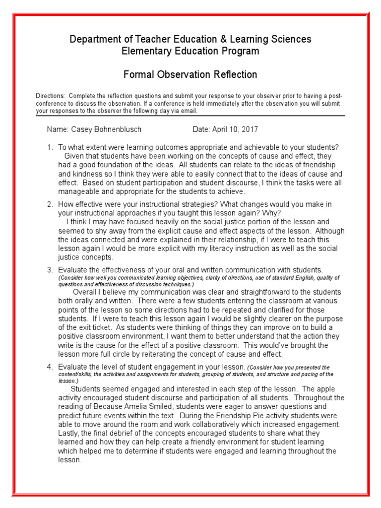 Reflection on Formal Observation | PDF | Classroom Management | Classroom