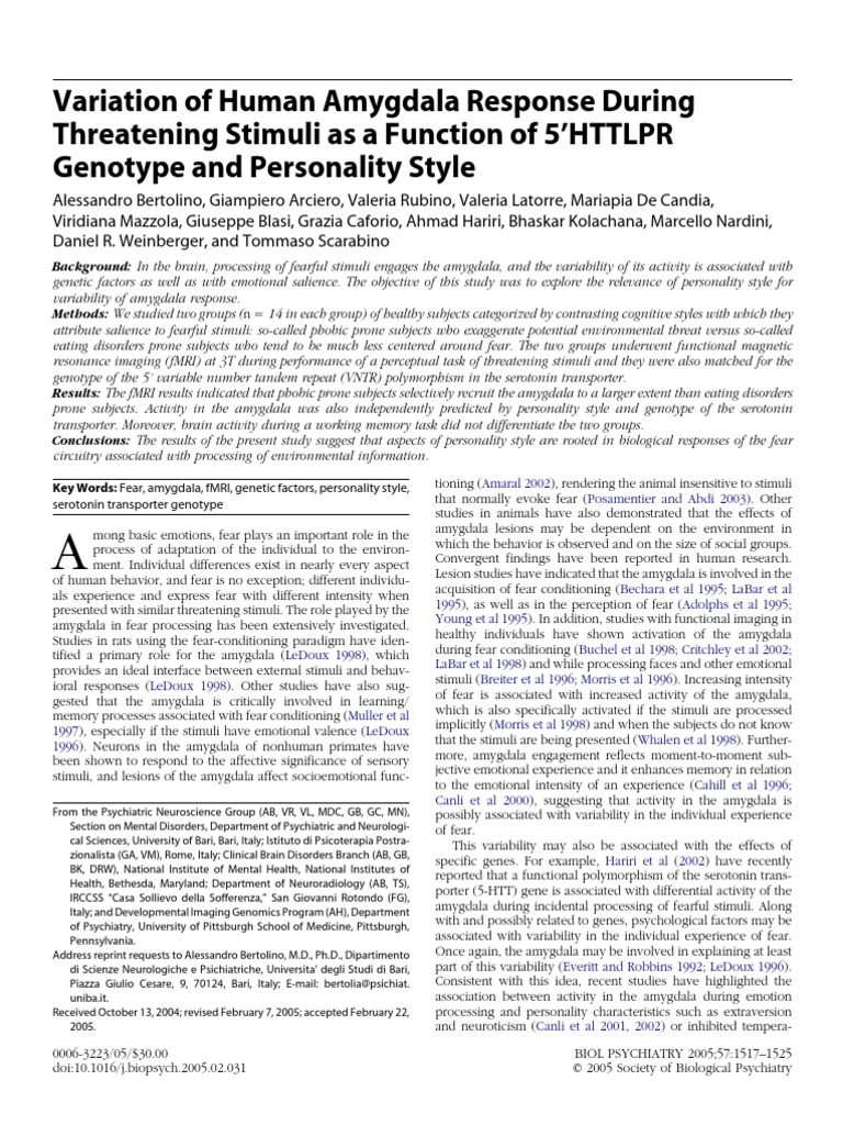 Amygdala Response to Fear and Genetics | PDF | Amygdala | Phobia