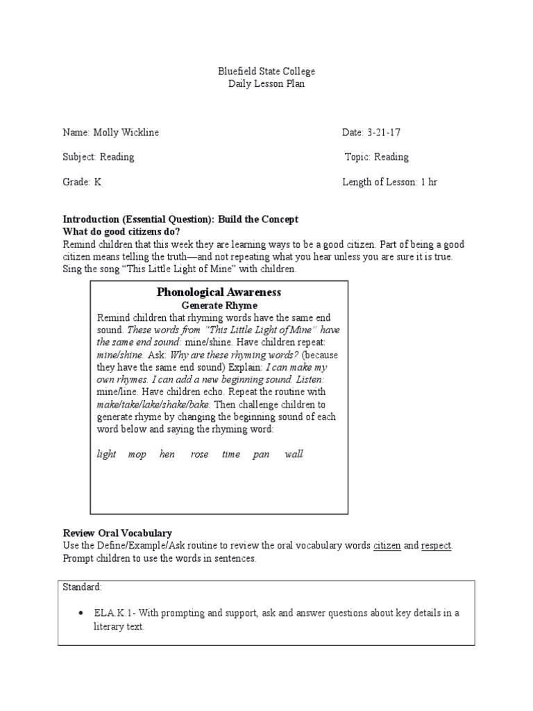 Kindergarten Reading Lesson Plan | PDF | Phonics | Reading (Process)