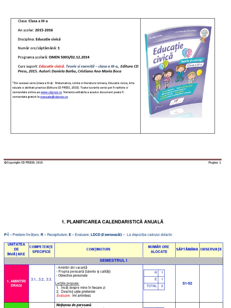 Planificare Calendar Scolar Educatie Civica 3 CDPRESS PDF