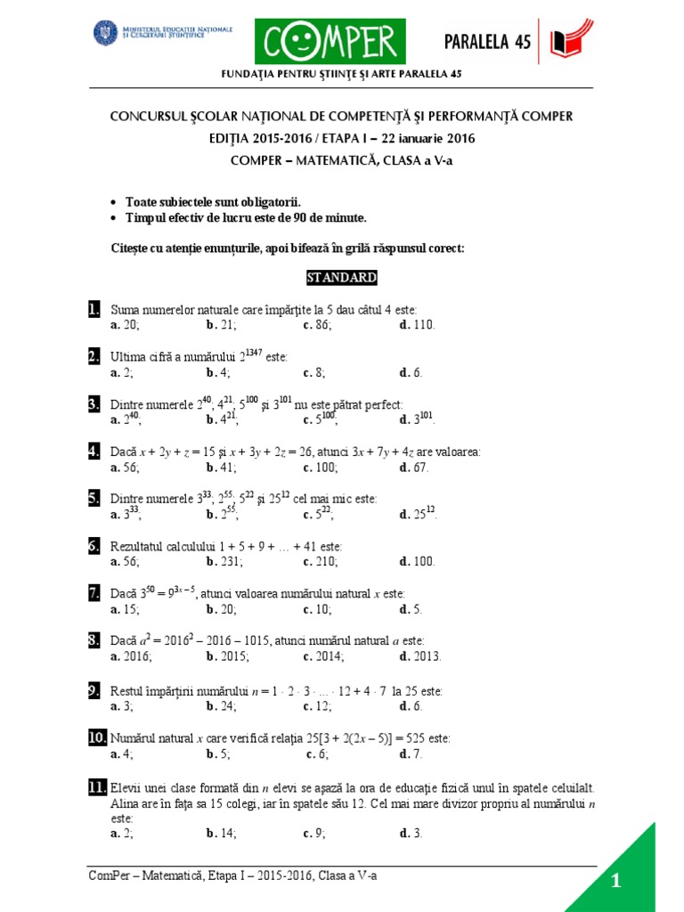 Clasa A 5 A Subiecte De Concurs Comper 2015 2016 Etapa I