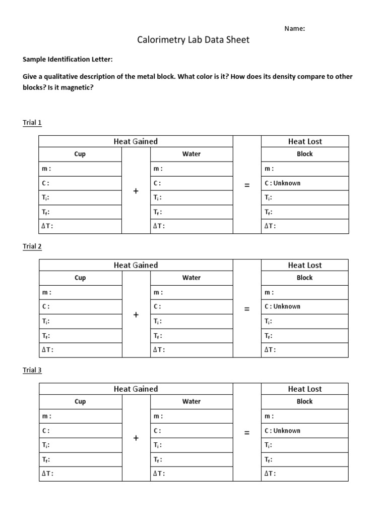 Calorimetry Lab Data Sheet PDF Branches Of Thermodynamics Heat