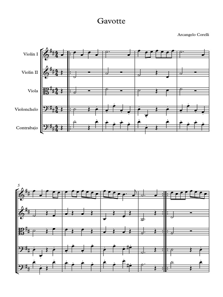 Portada de la partitura 'Gavotte Partitura y Partes' en Scribd, con detalles de la época barroca
