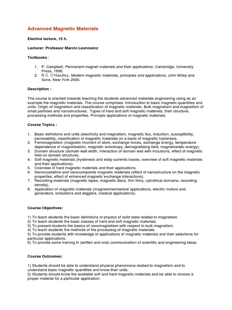 Advanced Magnetic Materials Course Overview | PDF | Magnetic Field | Magnet