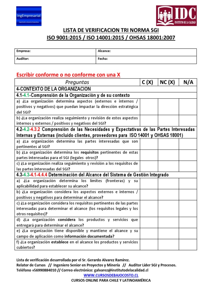 3 - Lista de Verificacion Tri Norma 9001 14001 18001 Rev 00 | PDF ...