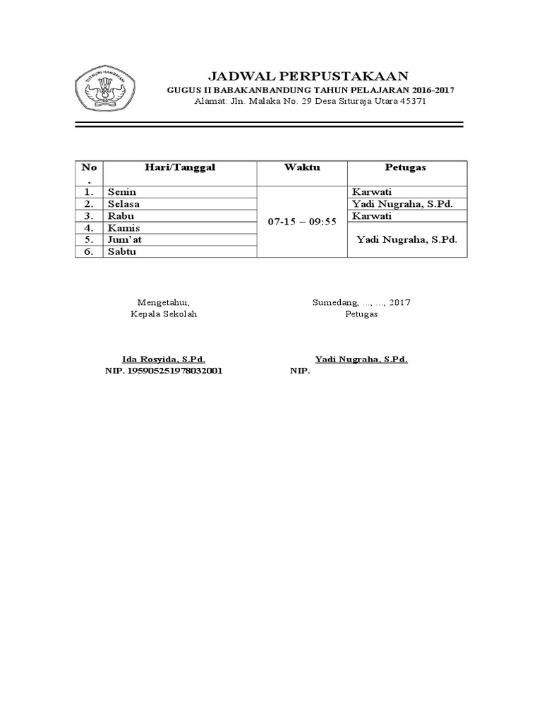 Contoh Jadwal Perpustakaan di Sekolah Dasar (SD)