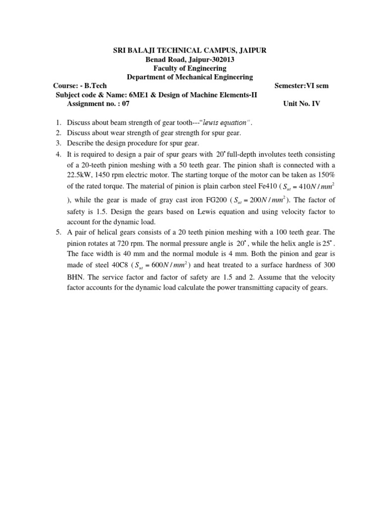 Design of Machine Elements Assignments | PDF | Gear | Bearing (Mechanical)