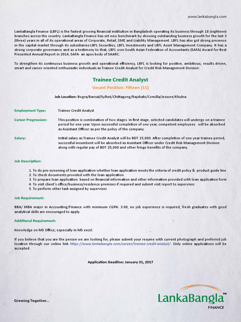 Trainee Credit Analyst | PDF | Employment | Loans
