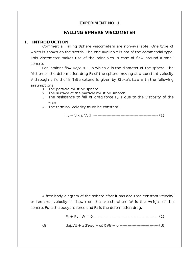 Fluids Lab Report 1 PDF Drag (Physics) Viscosity