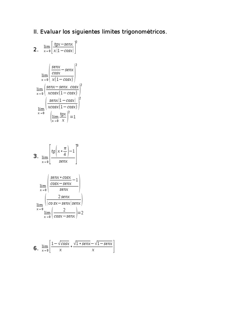 II. Evaluar Los Siguientes Límites Trigonométricos. 2.: TGX Senx X (1 ...
