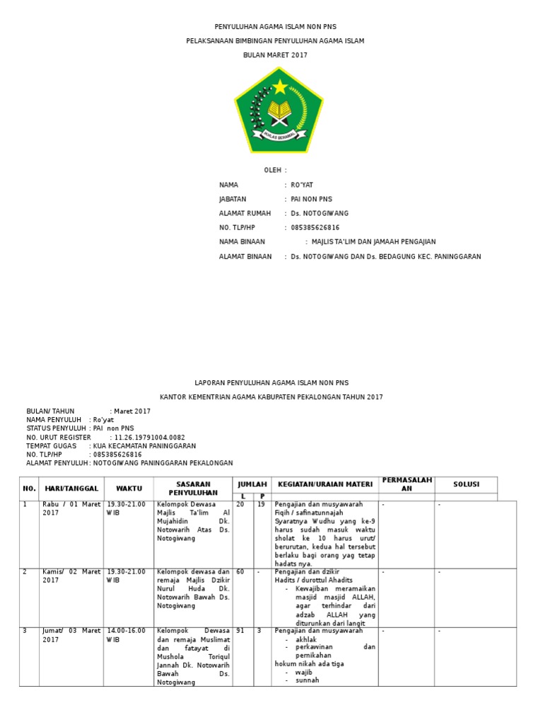 Contoh Laporan Penyuluh Agama Islam Non Pns Pdf