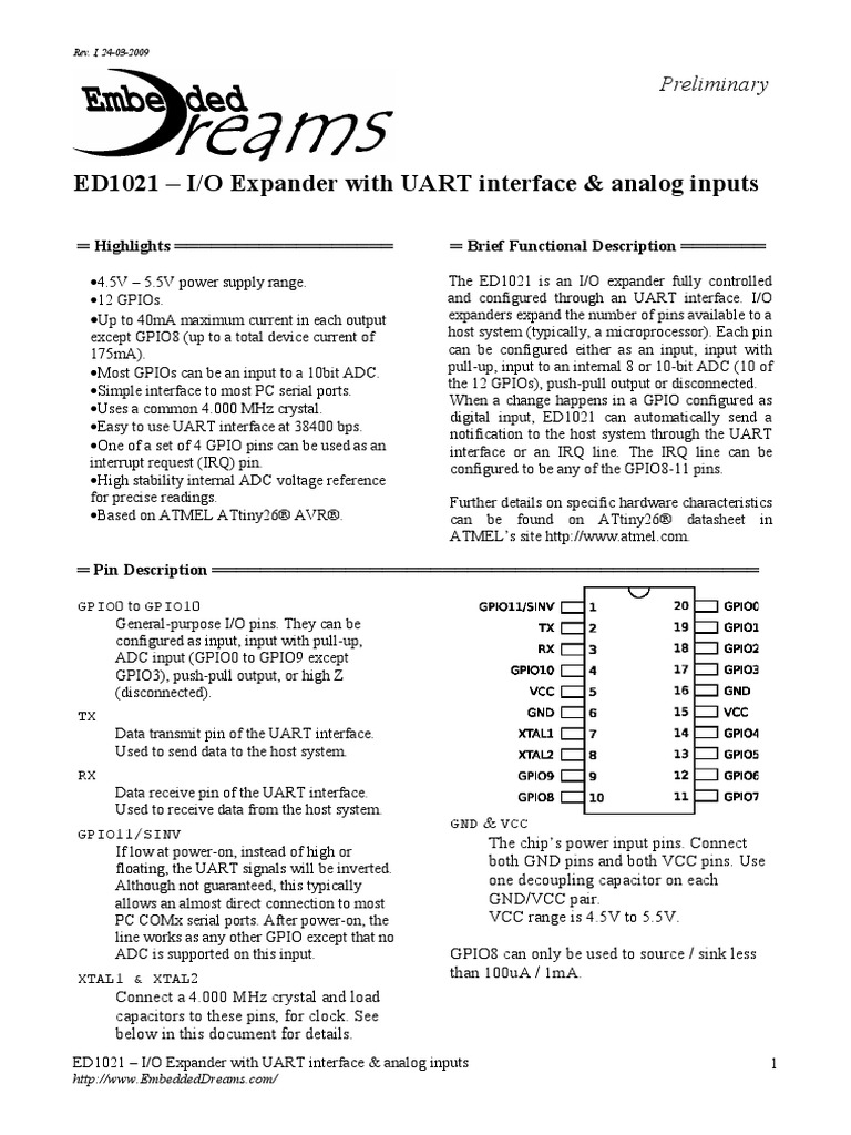 ED1021 I/O Expander With UART Interface & Analog Inputs Preliminary