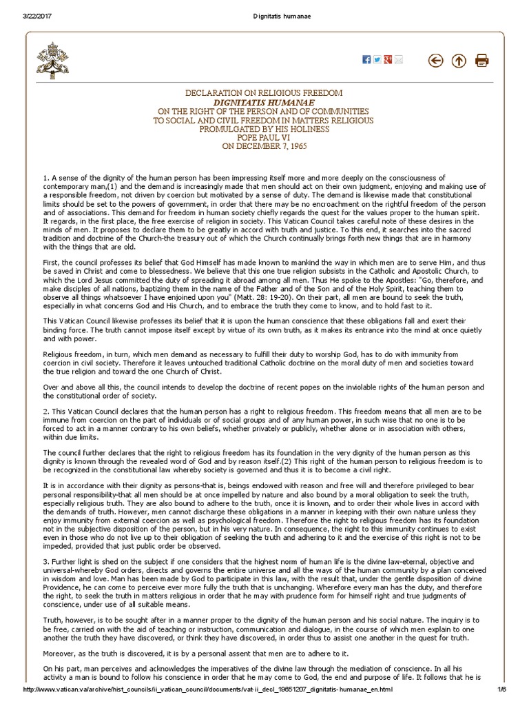 Dignitatis Humanae | PDF | Freedom Of Religion | Catholic Church