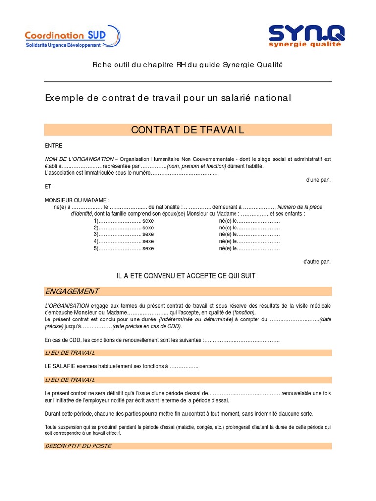 Exemple de contrat de travail pour un salarié national