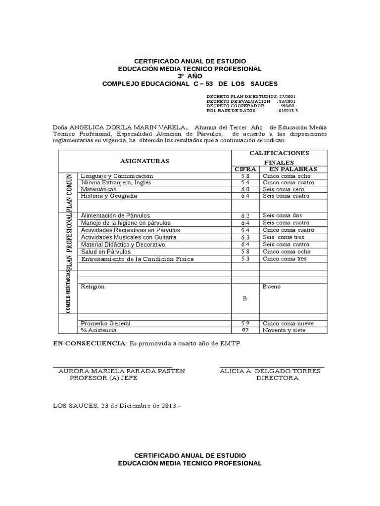 Certificado Anual de Estudio Educación Secundaria