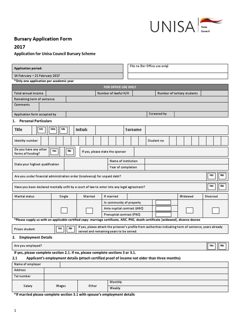 Unisa Council Bursary Application Form Divorce Marriage