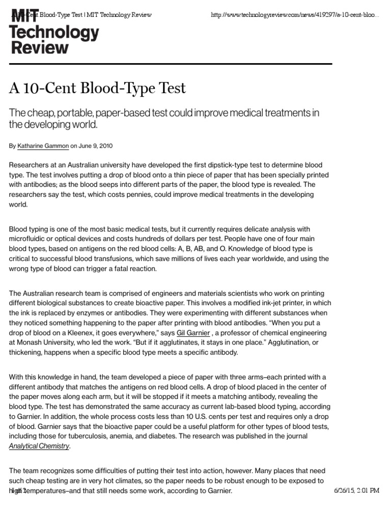 A 10-Cent Blood-Type Test - MIT Technology Review PDF | PDF | Blood ...