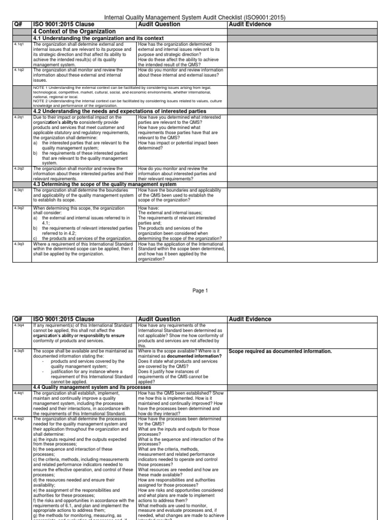 Audit Iso9001 2015 Checklist Pdf