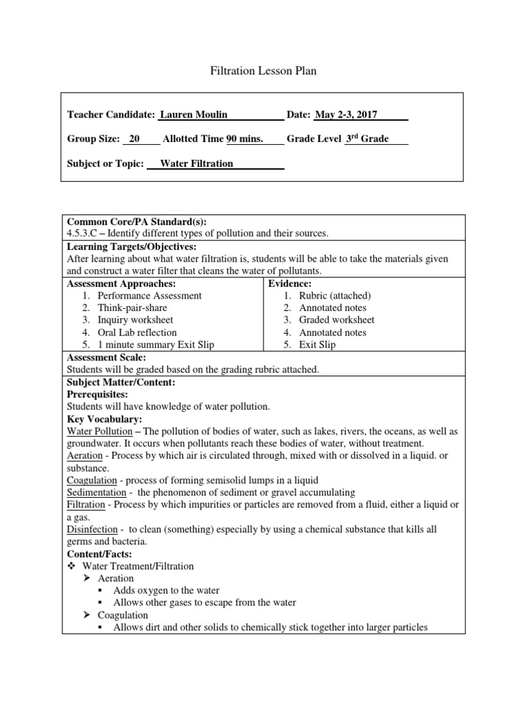 Filtration Lesson Plan PDF Water Purification Filtration
