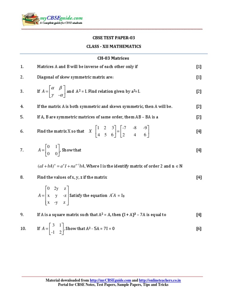 CBSE Class 12 Mathematics: Matrices Test Paper | PDF | Teaching Methods ...