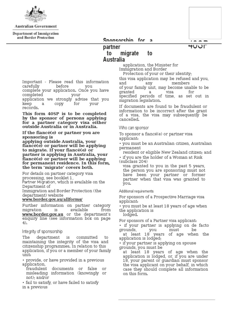 Australia Form 40 SP | PDF | Travel Visa | Permanent Residence (United ...