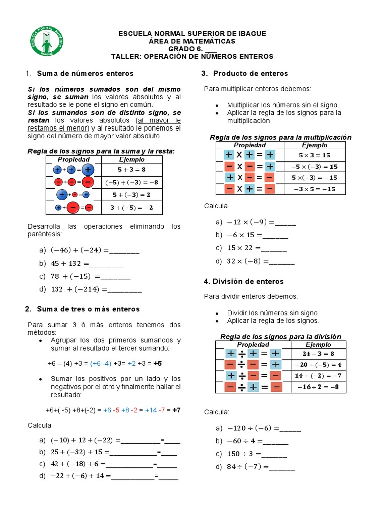 Taller de Operaciones con Números Enteros | PDF | Entero | Multiplicación