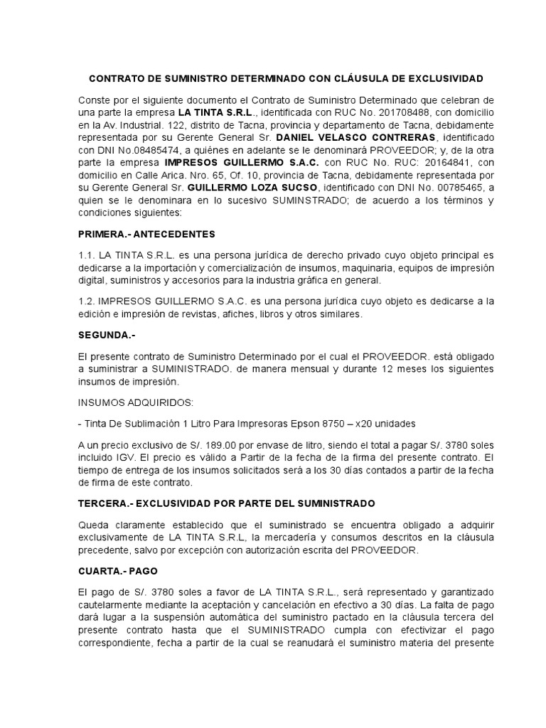 Contrato de Suministro Determinado Con Cláusula de Exclusividad Pagos Business Prueba