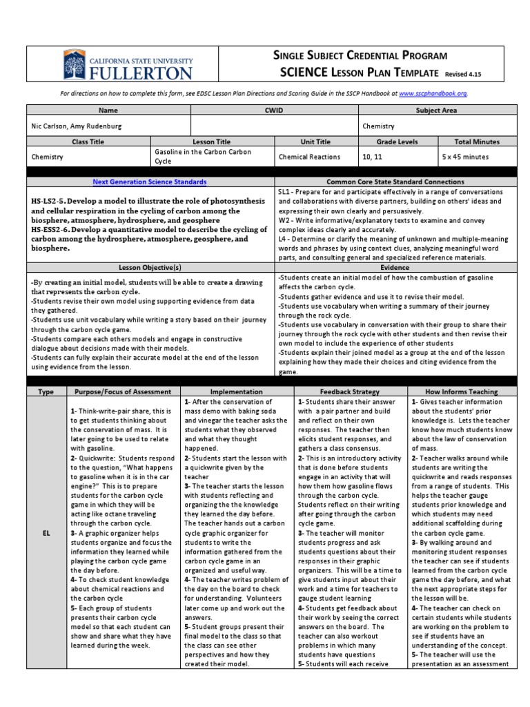 Chemistry Lesson Plan: Carbon Cycle | PDF | Educational Assessment ...
