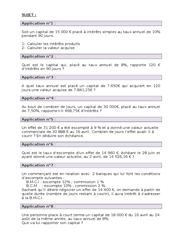Mathématiques Financières Cours Et Exercices Corrigés Pdf Exercice 20 Sujet Et Correction (Intérêts Simples) | PDF | Services  financiers | Bancaire