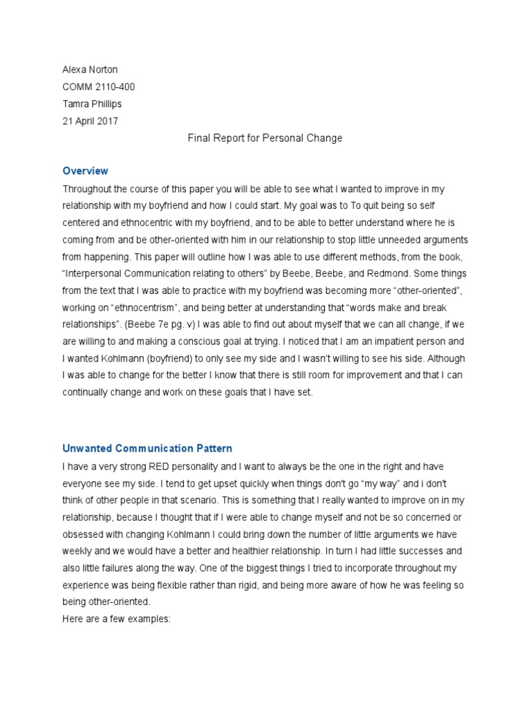 Personalchangefinalreport | PDF | Interpersonal Communication | Thought