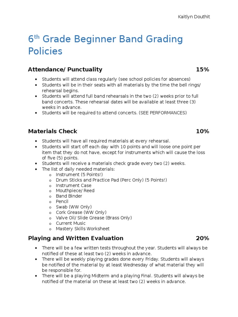 6 Grade Beginner Band Grading Policies Attendance/ Punctuality 15