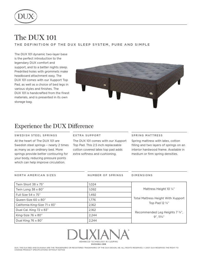 Dux 101 Spec Sheet PDF Mattress Bed