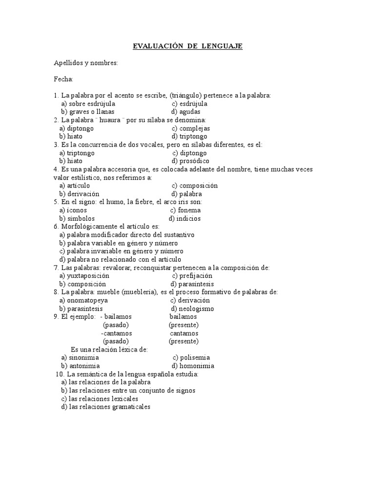 Evaluación de Lenguaje y Gramática | PDF | Artes del Lenguaje y ...