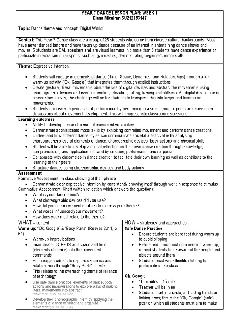 eca433 at1 year 7 dance lesson plan Dances Lesson Plan