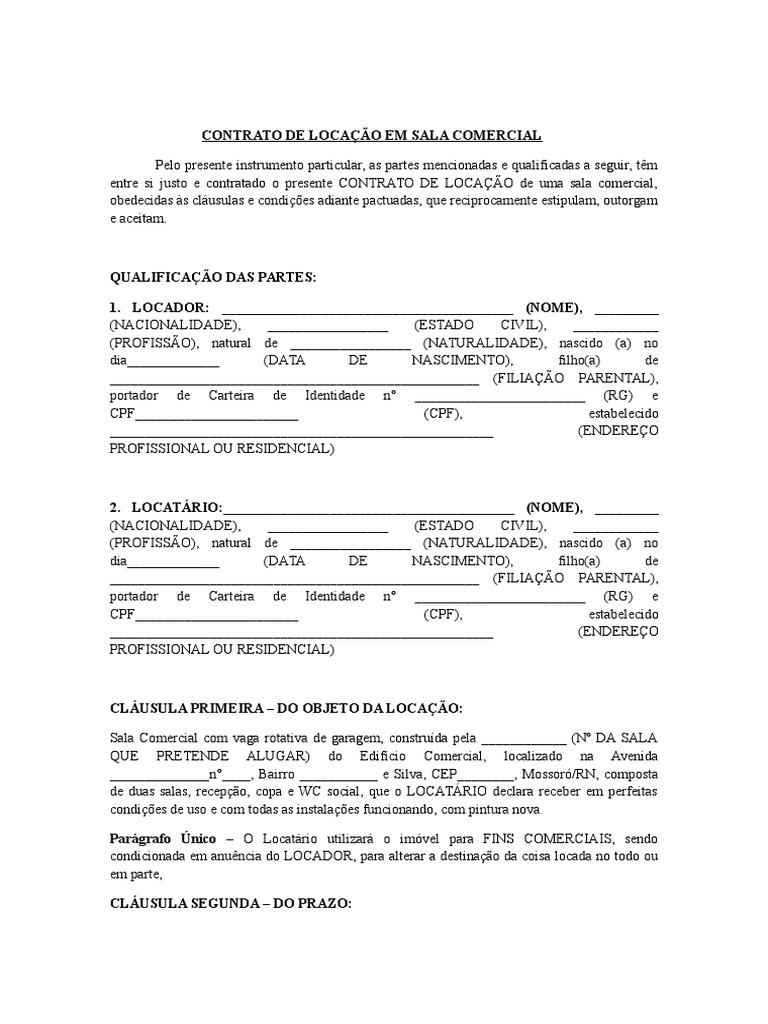 Contrato de Locação Em Sala Comercial Aluguel Direito Privado