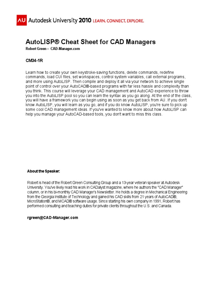 CM34-1R - AutoLISP Cheat Sheet For CAD Managers | PDF | Command Line ...