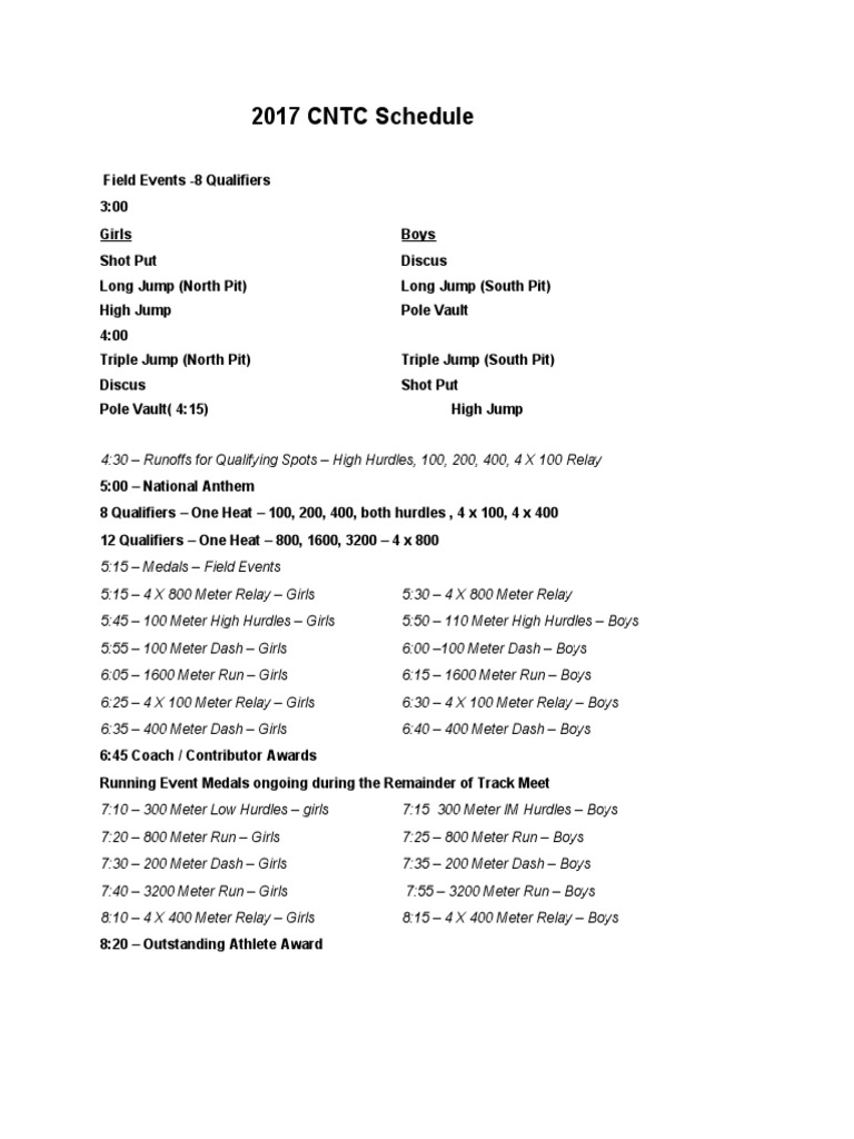PDF2017CNTCMeetSchedule PDF | PDF | Track And Field | Summer Olympic Games