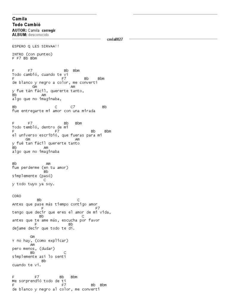 Camila Todo Cambio Letra Y Acordes