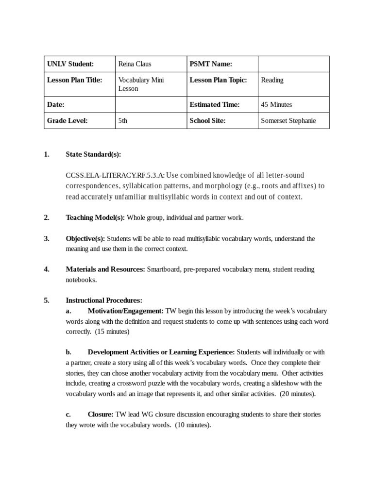 Vocabulary Mini Lesson 2 PDF | Vocabulary | Lesson Plan
