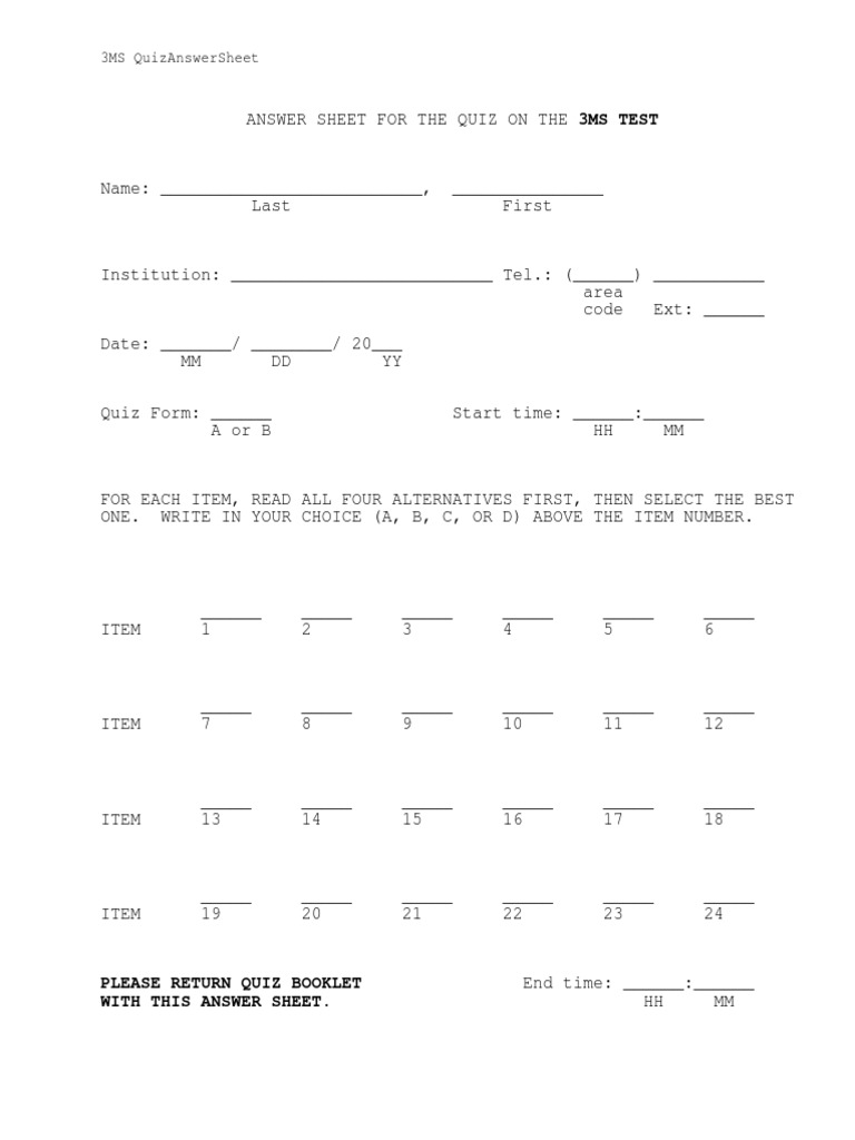 3MS Test Quiz Answer Sheet | PDF