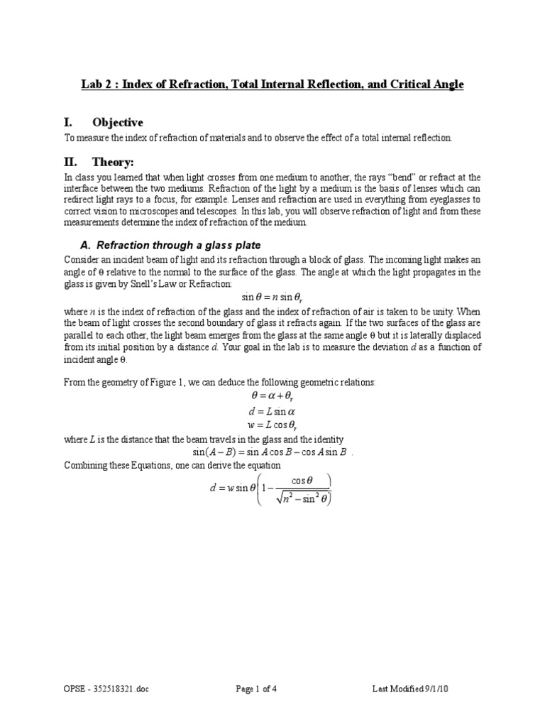 Lab 2 Index of Refraction, Total Internal Reflection, and Critical
