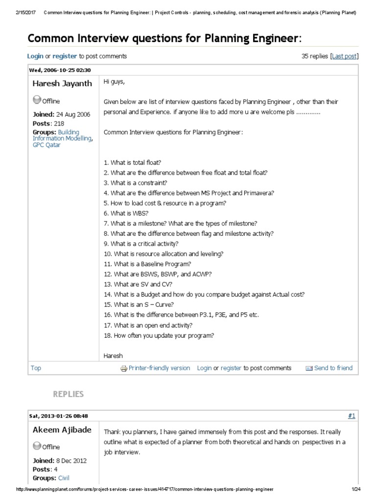 Planning Engineer Interview Questions | PDF | Internet Forum | Projects