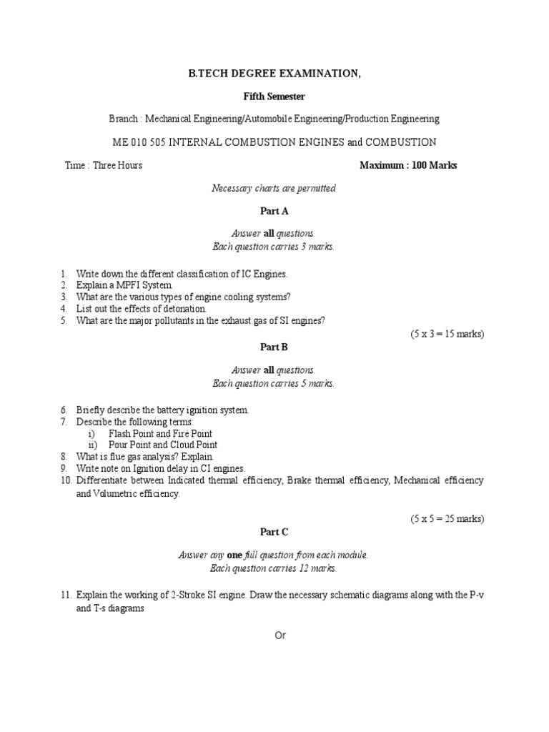 IC Engine question paper Internal Combustion Engine Gasoline