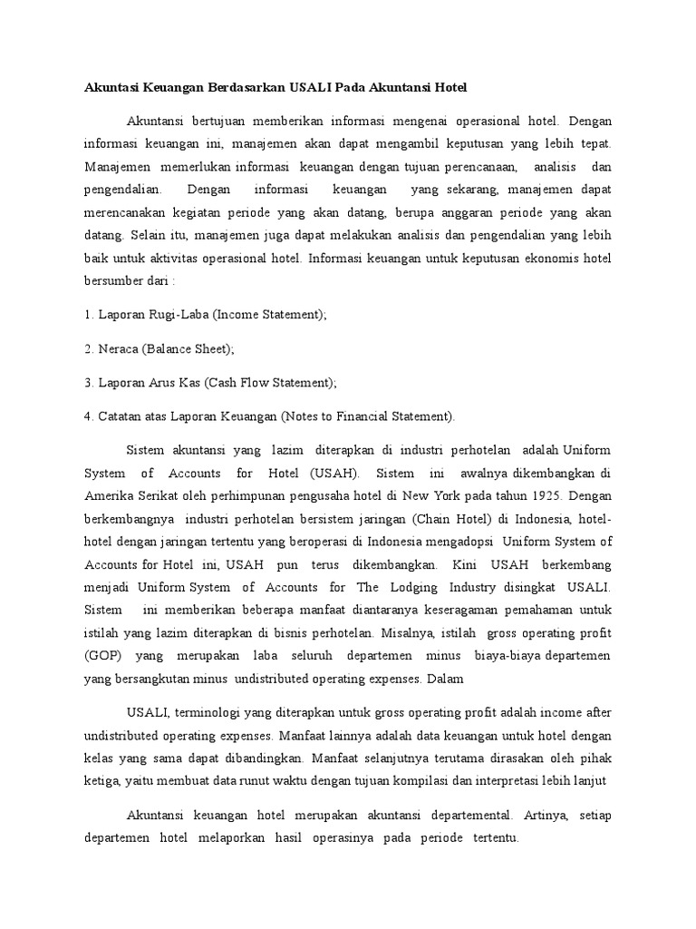 Laporan Akuntansi Keuangan Dan Laporan Akuntansi Manajemen Pada Hotel