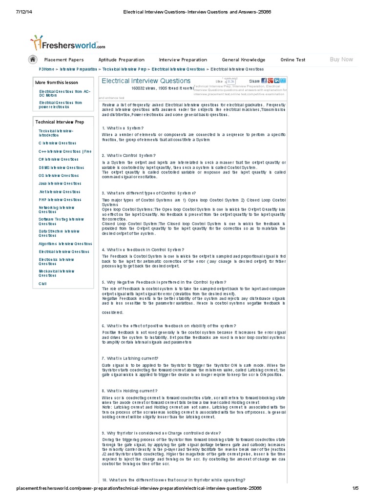 Electrical Interview Questions Placement Papers Aptitude Preparation