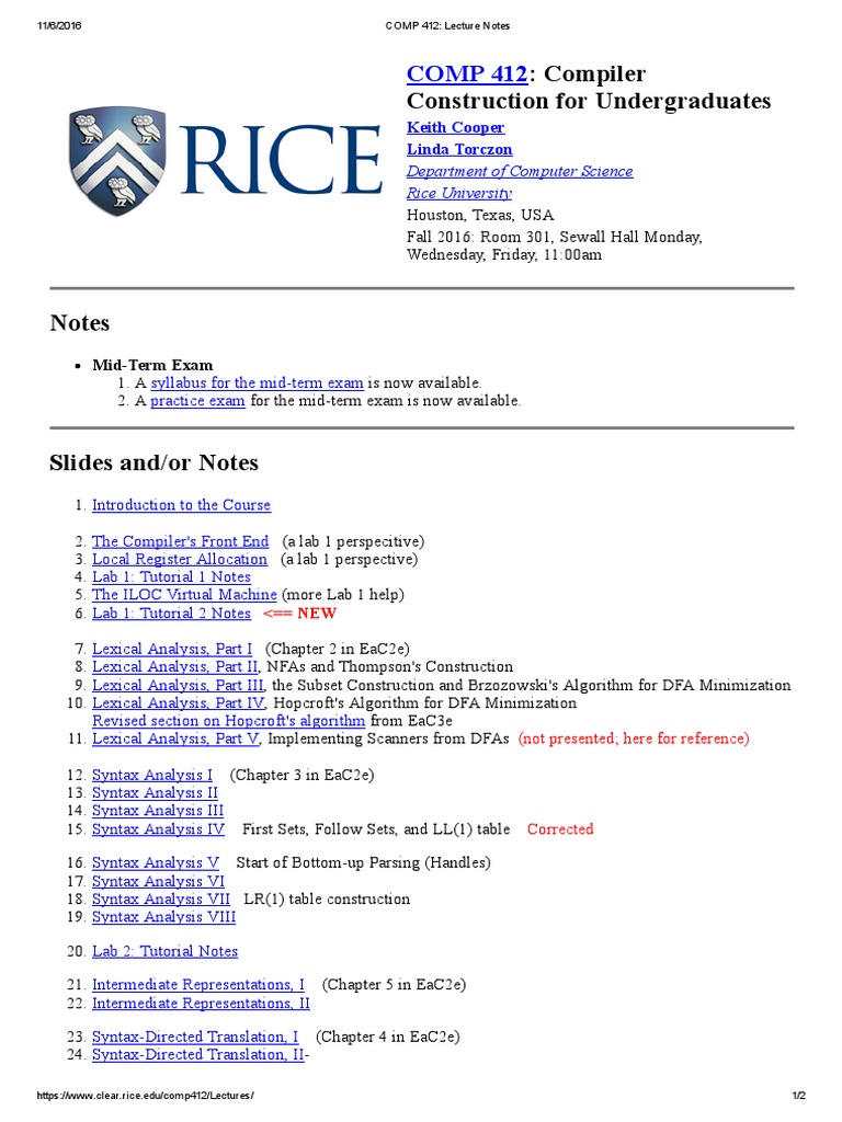 COMP 412 Compiler Construction Notes | PDF | Parsing | Subroutine