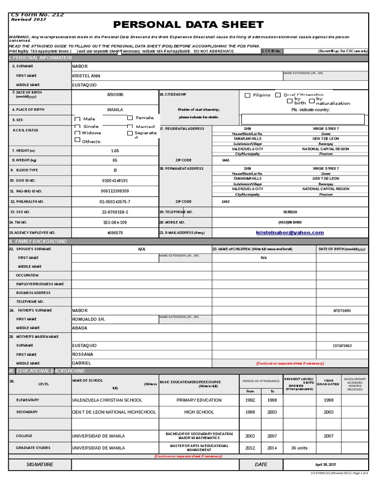 Nabor cs form no 212 revised personal data sheet 2017 crimes crime