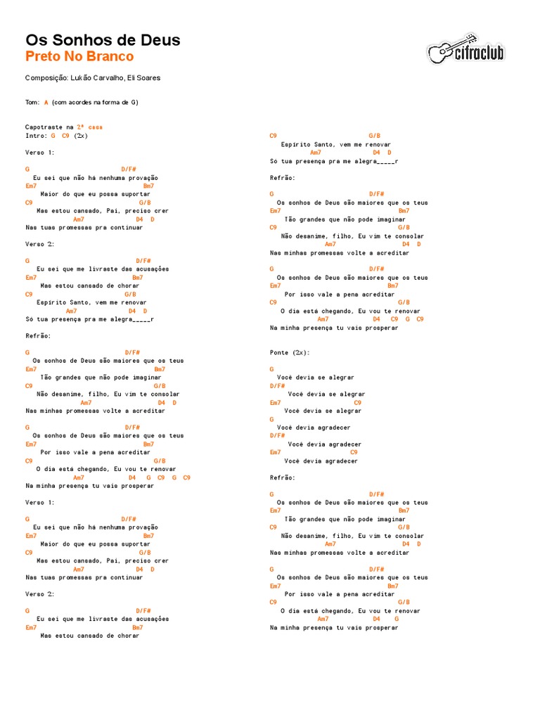 Letra Os Sonhos De Deus Preto No Branco