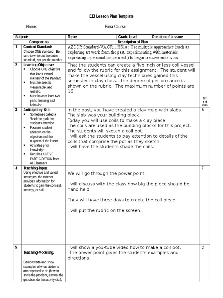EEI Lesson Plan for Coil Pot Creation | PDF | Lesson Plan | Rubric ...