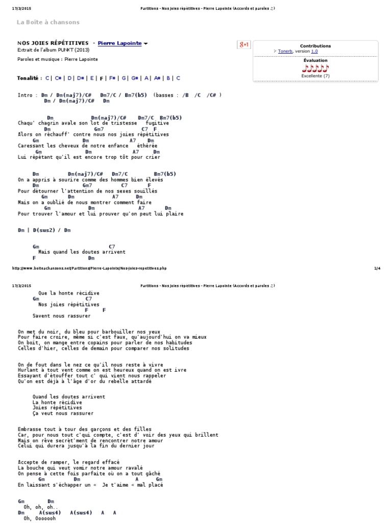 Partitions Nos Joies Repetitives Pierre Lapointe Accords Et Paroles Loisirs Divertissement General